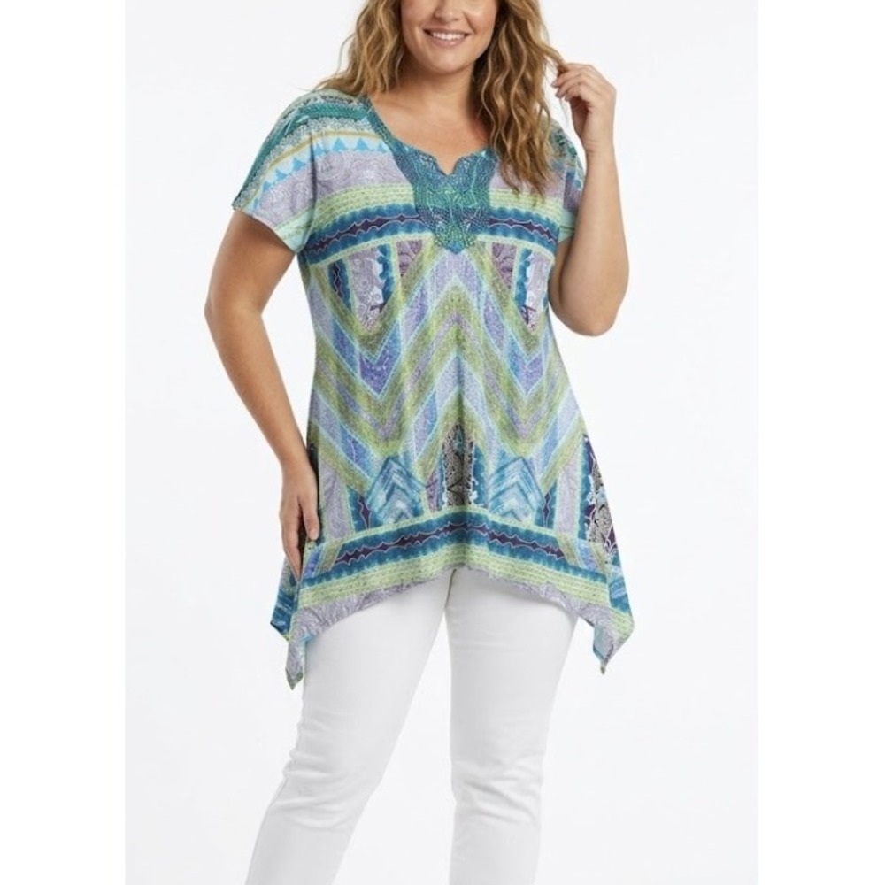 New World Unity Shark-bite Tunic Large Beaded Paisley Boho Festival